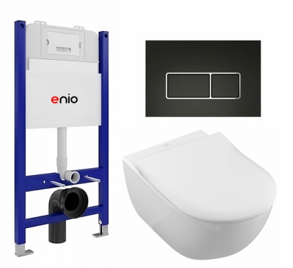 Комплект 3 в 1 инсталляция Enio Tecnico 50 EN8050050 + Унитаз подвесной Villeroy & Boch Subway 2.0 5614R201 + кнопка черная матовая, окантовка хром Rettangolo