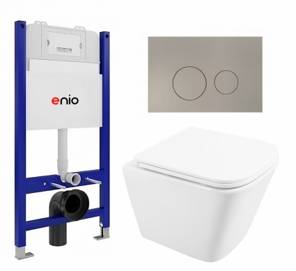Комплект 3 в 1 инсталляция Enio Tecnico 50 EN8050050 + Унитаз подвесной BelBagno Due BB3103CHR/SC + кнопка матовая нержавеющая сталь Rotondo