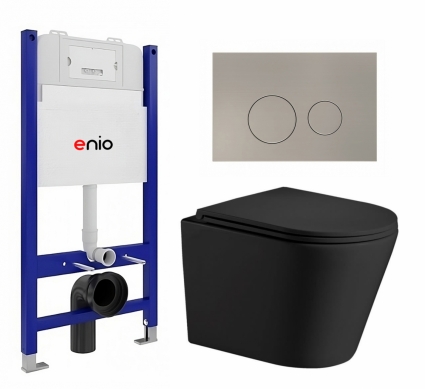 Комплект 3 в 1 инсталляция Enio Tecnico 50 EN8050050 + Подвесной унитаз WeltWasser Salzbach 043 MT-BL + кнопка матовая нержавеющая сталь Rotondo
