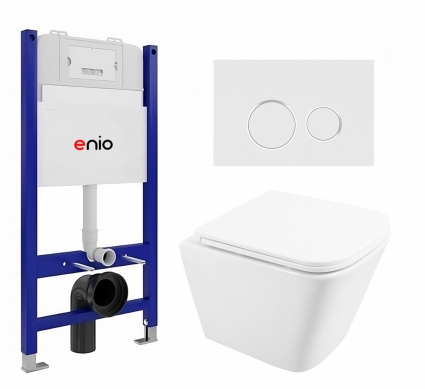 Комплект 3 в 1 инсталляция Enio Tecnico 50 EN8050050 + Унитаз подвесной BelBagno Due BB3103CHR/SC + кнопка белая, окантовка хром Rotondo