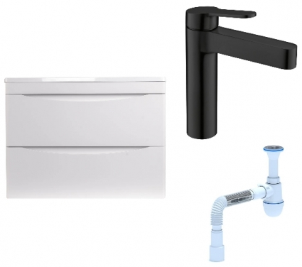 Комплект: Тумба с раковиной Style Line Бергамо Мини 70 Люкс Plus + Смеситель BelBagno Delta DEL-LVM-NERO + Сифон АниПласт