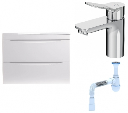 Комплект: Тумба с раковиной Style Line Бергамо Мини 70 Люкс Plus + Смеситель Am.Pm X-Joy F85A02100 + Сифон АниПласт
