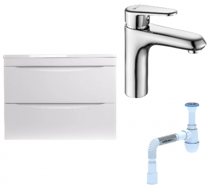 Комплект: Тумба с раковиной Style Line Бергамо Мини 70 Люкс Plus + Смеситель Lemark Point LM0306C + Сифон АниПласт