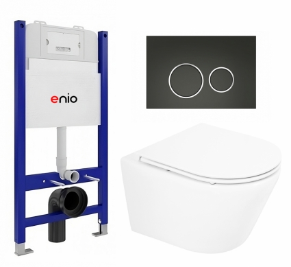 Комплект 3 в 1 инсталляция Enio Tecnico 50 EN8050050 + Унитаз подвесной BelBagno Tre BB8001CHR/SC + кнопка черная матовая, окантовка хром Rotondo