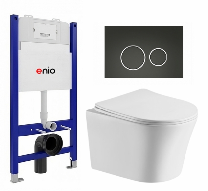 Комплект 3 в 1 инсталляция Enio Tecnico 50 EN8050050 + Подвесной унитаз CeruttiSpa Adige Aria CT7837 + кнопка черная матовая, окантовка хром Rotondo