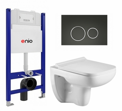 Комплект 3 в 1 инсталляция Enio Tecnico 50 EN8050050 + Подвесной унитаз WeltWasser Kehlbach 004 GL-WT + кнопка черная матовая, окантовка хром Rotondo