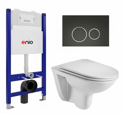 Комплект 3 в 1 инсталляция Enio Tecnico 50 EN8050050 + Подвесной унитаз WeltWasser Baarbach 004 GL-WT + кнопка черная матовая, окантовка хром Rotondo