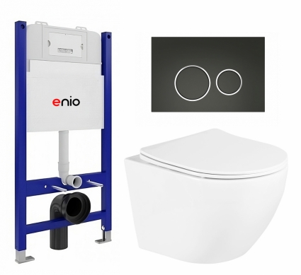 Комплект 3 в 1 инсталляция Enio Tecnico 50 EN8050050 + Унитаз подвесной BelBagno Uno BB3105CHR/SC + кнопка черная матовая, окантовка хром Rotondo
