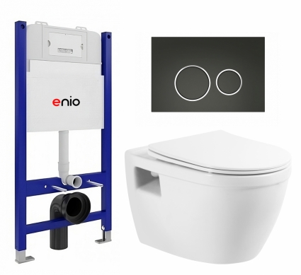 Комплект 3 в 1 инсталляция Enio Tecnico 50 EN8050050 + Унитаз подвесной BelBagno Loto BB070CHR/SC + кнопка черная матовая, окантовка хром Rotondo