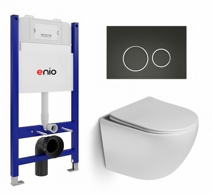 Комплект 3 в 1 инсталляция Enio Tecnico 50 EN8050050 + Унитаз подвесной SantiLine SL-5005 + кнопка черная матовая, окантовка хром Rotondo