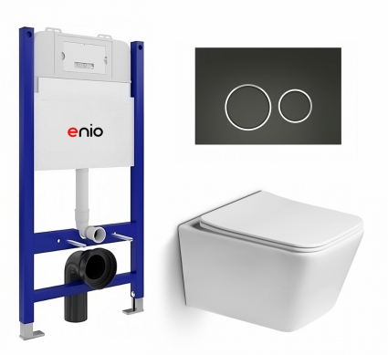 Комплект 3 в 1 инсталляция Enio Tecnico 50 EN8050050 + Унитаз подвесной SantiLine SL-5007 + кнопка черная матовая, окантовка хром Rotondo
