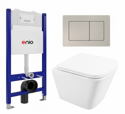Комплект 3 в 1 инсталляция Enio Tecnico 50 EN8050050 + Унитаз подвесной BelBagno Due BB3103CHR/SC + кнопка матовая нержавеющая сталь Quadro