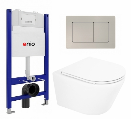 Комплект 3 в 1 инсталляция Enio Tecnico 50 EN8050050 + Унитаз подвесной BelBagno Tre BB8001CHR/SC + кнопка матовая нержавеющая сталь Quadro