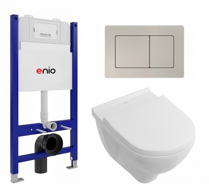 Комплект 3 в 1 инсталляция Enio Tecnico 50 EN8050050 + Унитаз подвесной Villeroy & Boch O Novo + кнопка матовая нержавеющая сталь Quadro