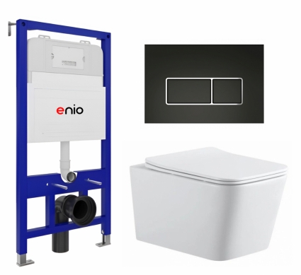 Комплект 3 в 1 инсталляция Enio Tecnico 52 EN8050052 + Подвесной унитаз SinteSi BALTI + кнопка черная матовая, окантовка хром Rettangolo