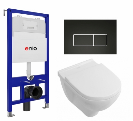 Комплект 3 в 1 инсталляция Enio Tecnico 52 EN8050052 + Унитаз подвесной Villeroy & Boch O Novo + кнопка черная матовая, окантовка хром Rettangolo