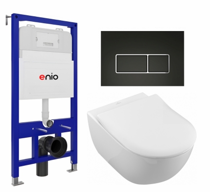 Комплект 3 в 1 инсталляция Enio Tecnico 52 EN8050052 + Унитаз подвесной Villeroy & Boch Subway 2.0 5614R201 + кнопка черная матовая, окантовка хром Rettangolo