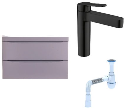 Комплект: Тумба с раковиной Style Line Бергамо Мини 80 Люкс Plus + Смеситель BelBagno Delta DEL-LVM-NERO + Сифон АниПласт