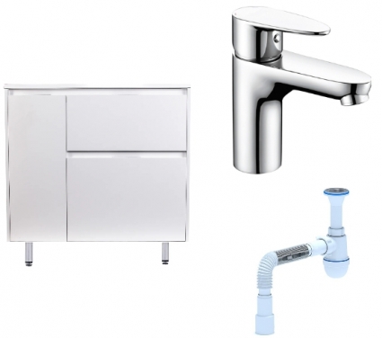 Комплект: Тумба с раковиной Style Line Барселона 90 Люкс Plus R + Смеситель Wasserkraft Leine 3503 + Сифон АниПласт