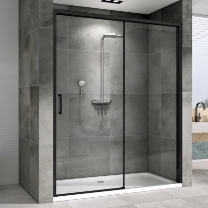 Душевая дверь в нишу Abber Komfort AG93140B 140 см, профиль черный, стекло прозрачное, раздвижная