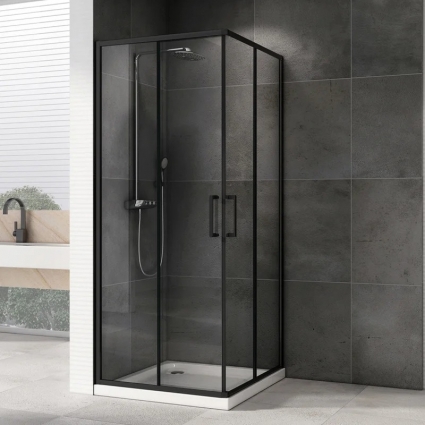 Душевой уголок Abber Schwarzer Diamant AG02080B5 80x80, профиль черный, стекло прозрачное, квадратный, двери раздвижные