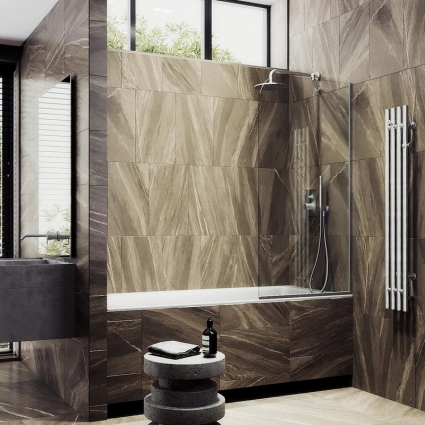 Шторка на ванну Maybahglass MGV-144-5у, 64x140, профиль матовый хром, стекло прозрачное в современном стиле