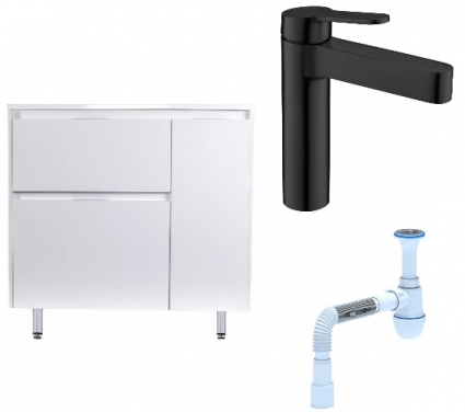Комплект: Тумба с раковиной Style Line Барселона 90 Люкс Plus L + Смеситель BelBagno Delta DEL-LVM-NERO + Сифон АниПласт