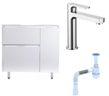 Комплект: Тумба с раковиной Style Line Барселона 90 Люкс Plus L + Смеситель Lemark plus Grace LM1537C + Сифон АниПласт