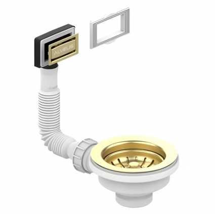 Выпуск для мойки 3 1/2 дюйма с переливом ALVEUS GOLD (золото) new c рамкой и заглушкой (гофра)