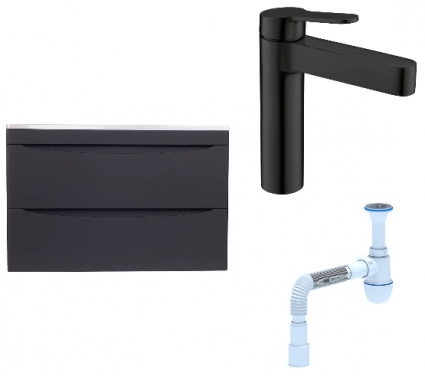 Комплект: Тумба с раковиной Style Line Бергамо Мини 80 Люкс Plus + Смеситель BelBagno Delta DEL-LVM-NERO + Сифон АниПласт