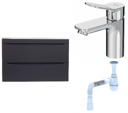 Комплект: Тумба с раковиной Style Line Бергамо Мини 80 Люкс Plus + Смеситель Am.Pm X-Joy F85A02100 + Сифон АниПласт