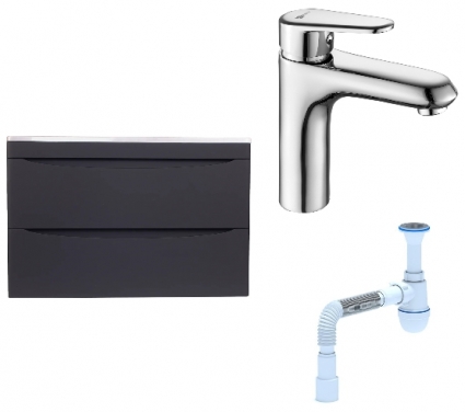 Комплект: Тумба с раковиной Style Line Бергамо Мини 80 Люкс Plus + Смеситель Lemark Point LM0306C + Сифон АниПласт