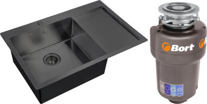 Комплект Мойка кухонная Steel Hammer SH 7851-L GRAFIT графит + Измельчитель Bort Titan Max Power матовая, прямоугольная