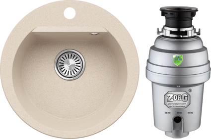 Комплект Мойка кухонная Polygran Atol 854758 кремовая + Измельчитель Zorg Inox D ZR-56 D матовая, круглая