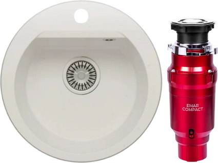Комплект Мойка кухонная Polygran Atol 678910 белый хлопок + Измельчитель Emar ATC-WZB390A Compact матовая, круглая