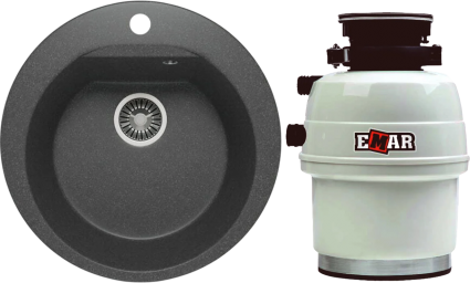Комплект Мойка кухонная Polygran Atol 678897 черная + Измельчитель Emar ATC-WZB390A матовая, круглая