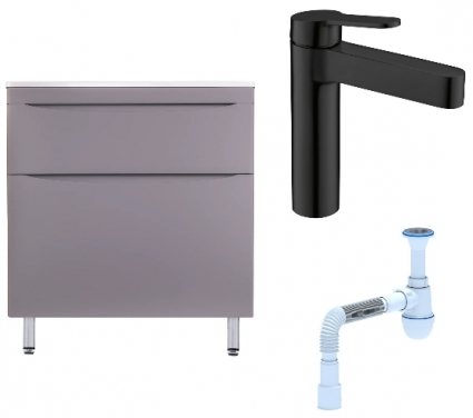 Комплект: Тумба с раковиной Style Line Бергамо Мини 80 Люкс Plus + Смеситель BelBagno Delta DEL-LVM-NERO + Сифон АниПласт
