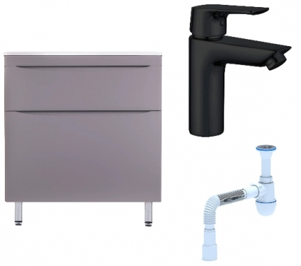 Комплект: Тумба с раковиной Style Line Бергамо Мини 80 Люкс Plus + Смеситель Aquanet Static AF330-10B + Сифон АниПласт