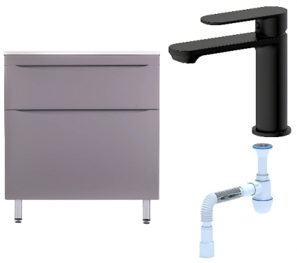 Комплект: Тумба с раковиной Style Line Бергамо Мини 80 Люкс Plus + Смеситель Haiba HB10590-7 + Сифон АниПласт