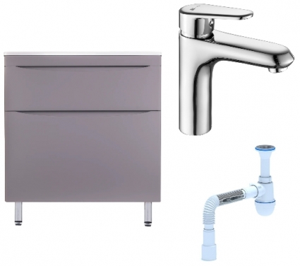 Комплект: Тумба с раковиной Style Line Бергамо Мини 80 Люкс Plus + Смеситель Lemark Point LM0306C + Сифон АниПласт