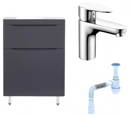Комплект: Тумба с раковиной Style Line Бергамо Мини 70 Люкс Plus + Смеситель Wasserkraft Leine 3503 + Сифон АниПласт