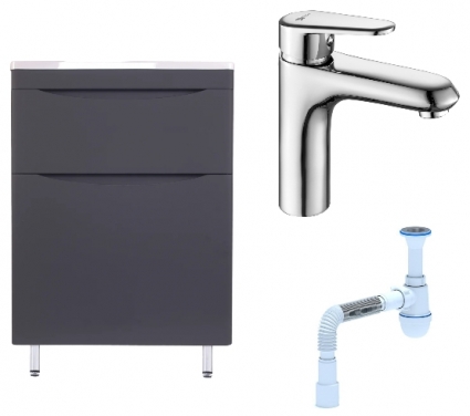 Комплект: Тумба с раковиной Style Line Бергамо Мини 70 Люкс Plus + Смеситель Lemark Point LM0306C + Сифон АниПласт