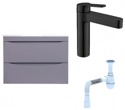 Комплект: Тумба с раковиной Style Line Бергамо Мини 70 Люкс Plus + Смеситель BelBagno Delta DEL-LVM-NERO + Сифон АниПласт