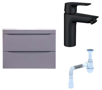 Комплект: Тумба с раковиной Style Line Бергамо Мини 70 Люкс Plus + Смеситель Aquanet Static AF330-10B + Сифон АниПласт