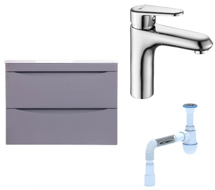 Комплект: Тумба с раковиной Style Line Бергамо Мини 70 Люкс Plus + Смеситель Lemark Point LM0306C + Сифон АниПласт