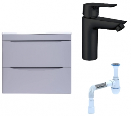 Комплект: Тумба с раковиной Style Line Бергамо Мини 60 Люкс Plus + Смеситель Aquanet Static AF330-10B + Сифон АниПласт