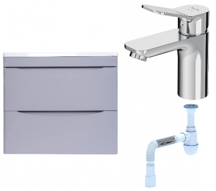 Комплект: Тумба с раковиной Style Line Бергамо Мини 60 Люкс Plus + Смеситель Am.Pm X-Joy F85A02100 + Сифон АниПласт