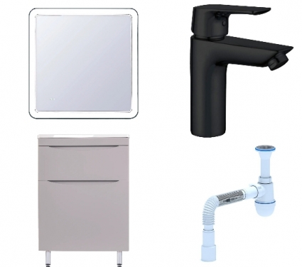 Комплект: Мебель для ванной Style Line Бергамо Мини 60 Люкс Plus + Смеситель Aquanet Static AF330-10B + Сифон АниПласт