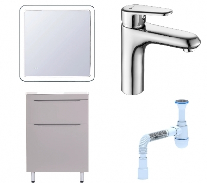 Комплект: Мебель для ванной Style Line Бергамо Мини 60 Люкс Plus + Смеситель Lemark Point LM0306C + Сифон АниПласт