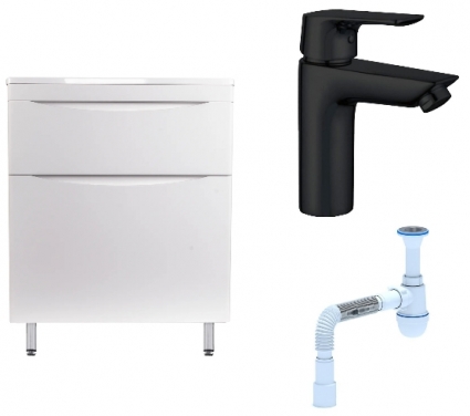 Комплект: Тумба с раковиной Style Line Бергамо Мини 70 Люкс Plus + Смеситель Aquanet Static AF330-10B + Сифон АниПласт